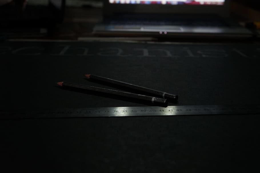 Black Pencil Near Grey Steel Ruler, dark, desk, laptop, pencils, HD wallpaper
