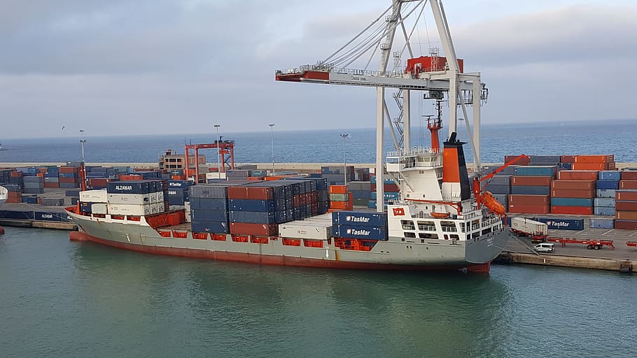 container ship, freighter, port, cargo, water, container port HD wallpaper