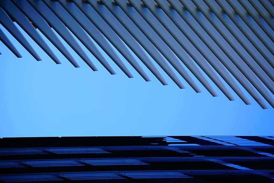 architectural photography of white and blue building, worms eye view photography of concrete structures HD wallpaper