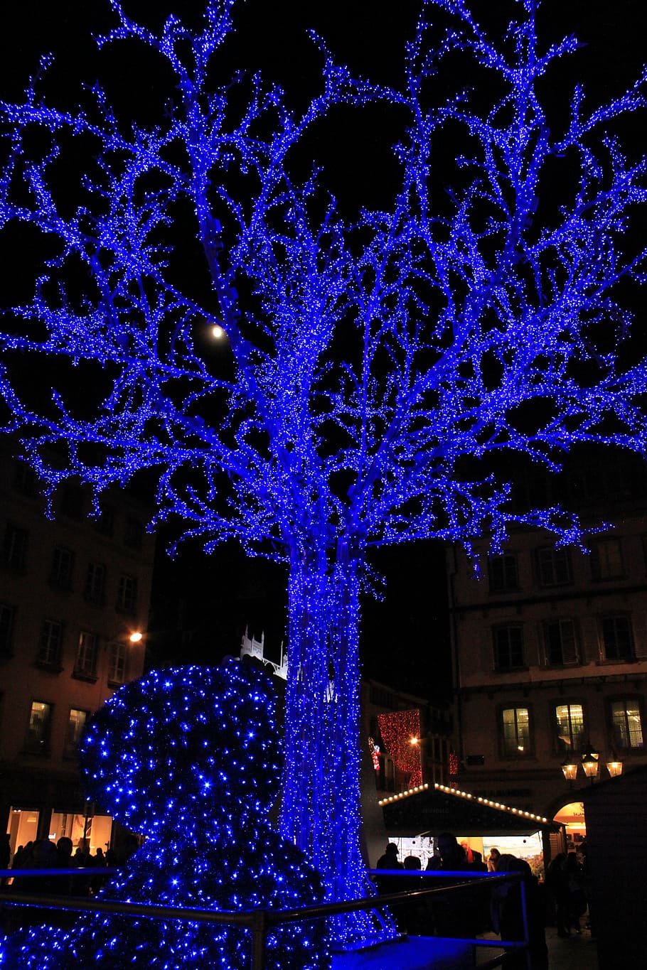 tree, led, blue, night, illuminated, celebration, decoration HD wallpaper