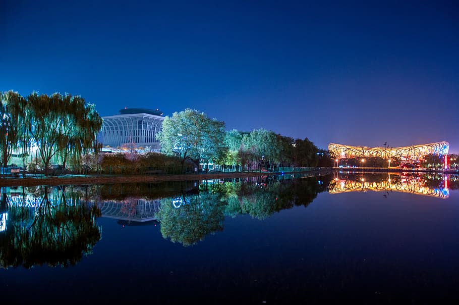 Night View, Reflection, Water, the water, beijing, illuminated HD wallpaper