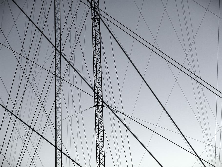 grayscale photography of gray steel structure, grayscale photo of cable wires HD wallpaper
