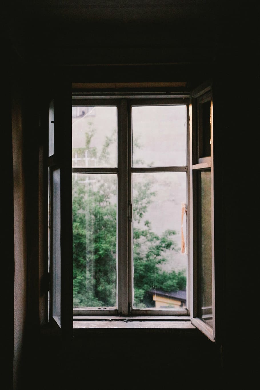opened white wooden window with glass panel, dark, shield, looking Through Window HD wallpaper