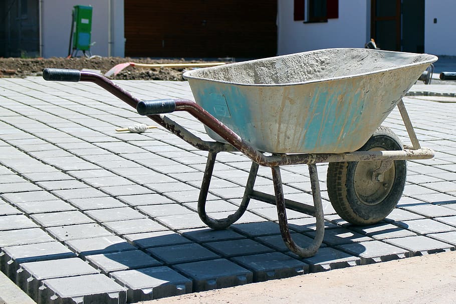 white and red wheelbarrow, construction work, transport, means of transport