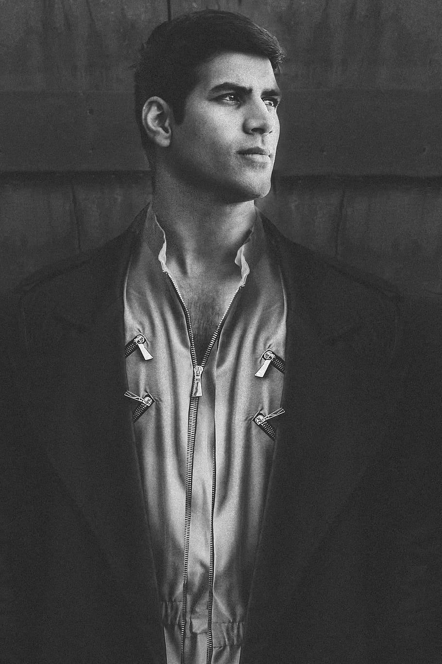 grayscale photography of man, artwork of man, coat, model, portrait HD wallpaper