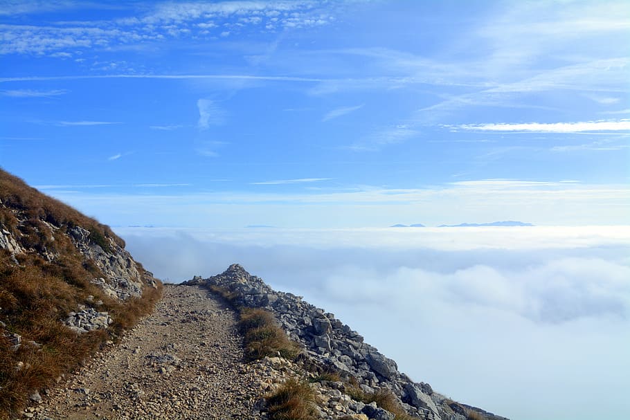 mountain, trail, fog, clouds, baldo, trent, italy, above, sky HD wallpaper