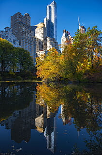 Central Park, Reflection, Autumn, foliage, lake, nature, nyc HD wallpaper