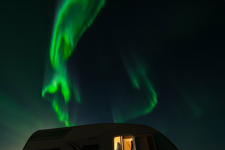 green aurora, clouds, sky, dark, night, green color, illuminated HD wallpaper