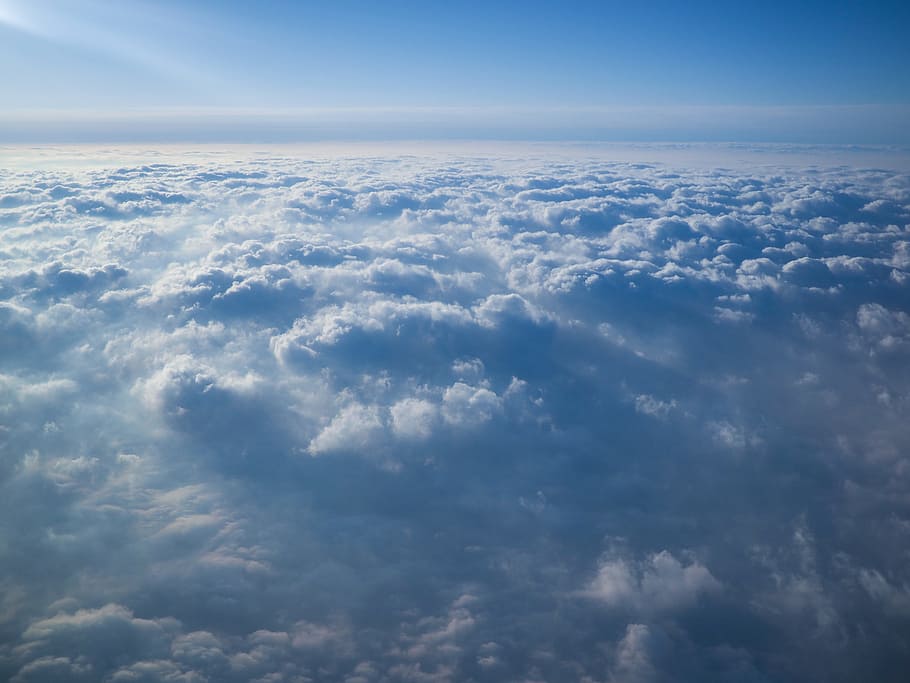 sea of white clouds, sky, blue, plane, flying, horizon, vacation HD wallpaper