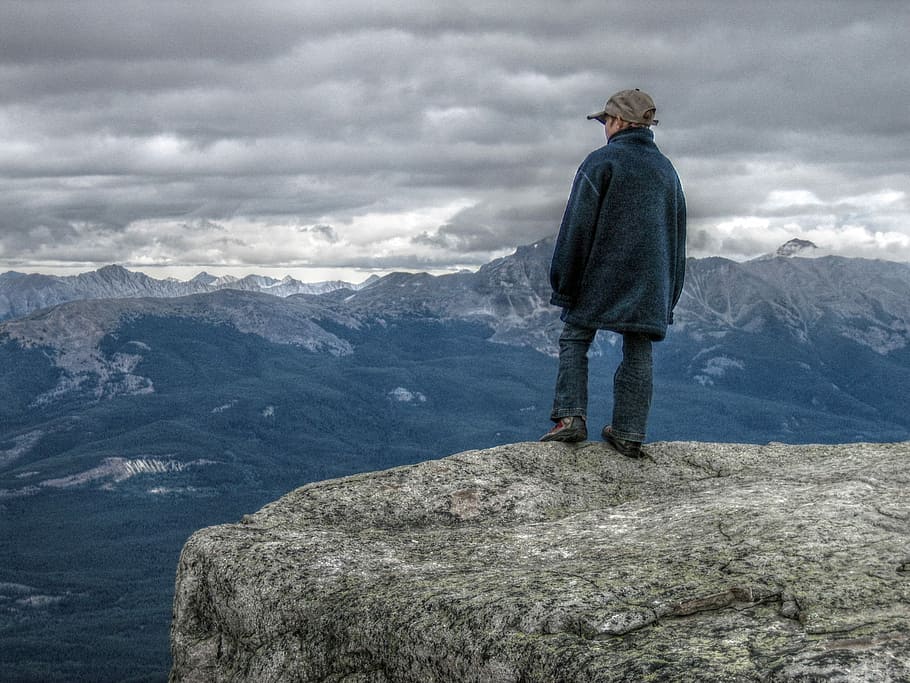 man standing on cliff, Mood, Outlook, View, Child, Clouds, mountains HD wallpaper