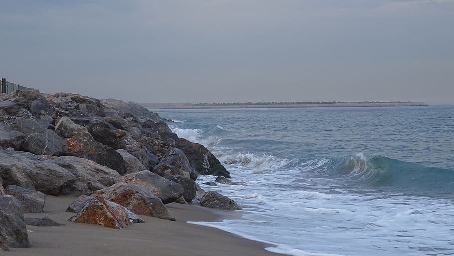 rocks, sea, waves, water, beach, land, motion, scenics - nature HD wallpaper