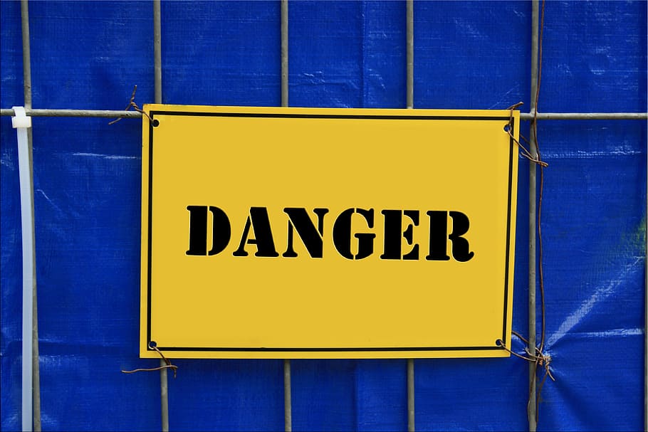 risk, warning, billboard, shield, fence, note, text, yellow HD wallpaper