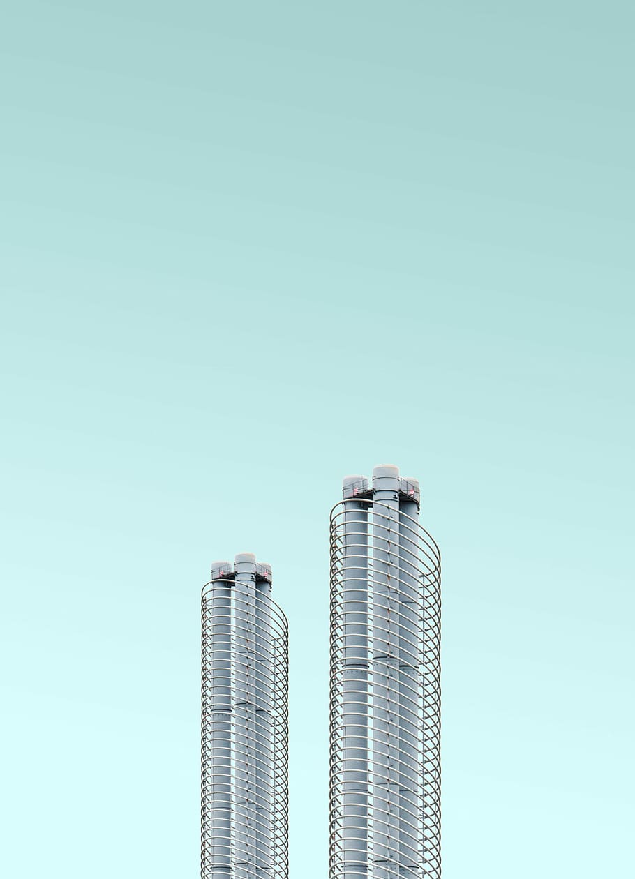 two gray metal rods, two gray towers in low angle photography HD wallpaper