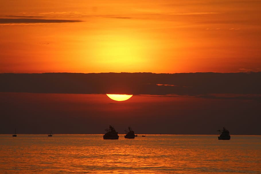 sunset, beach, landscape, silhouette, sky, orange color, water HD wallpaper