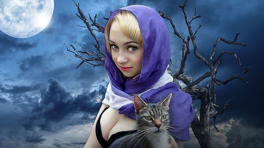 woman wearing purple headscarf, witch, fantasy, gothic, girl