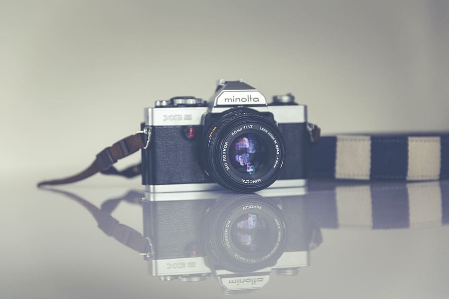 black and silver Minolta DSLR camera, analog, antique, exposure, HD wallpaper