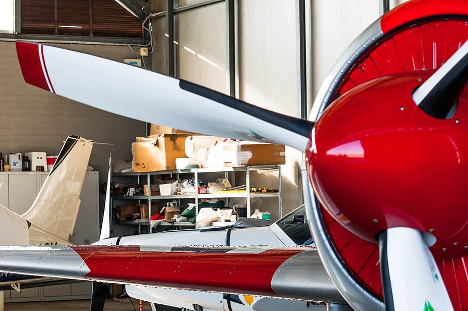 plane, propeller, particular aircraft, workshop, red, mode of transportation