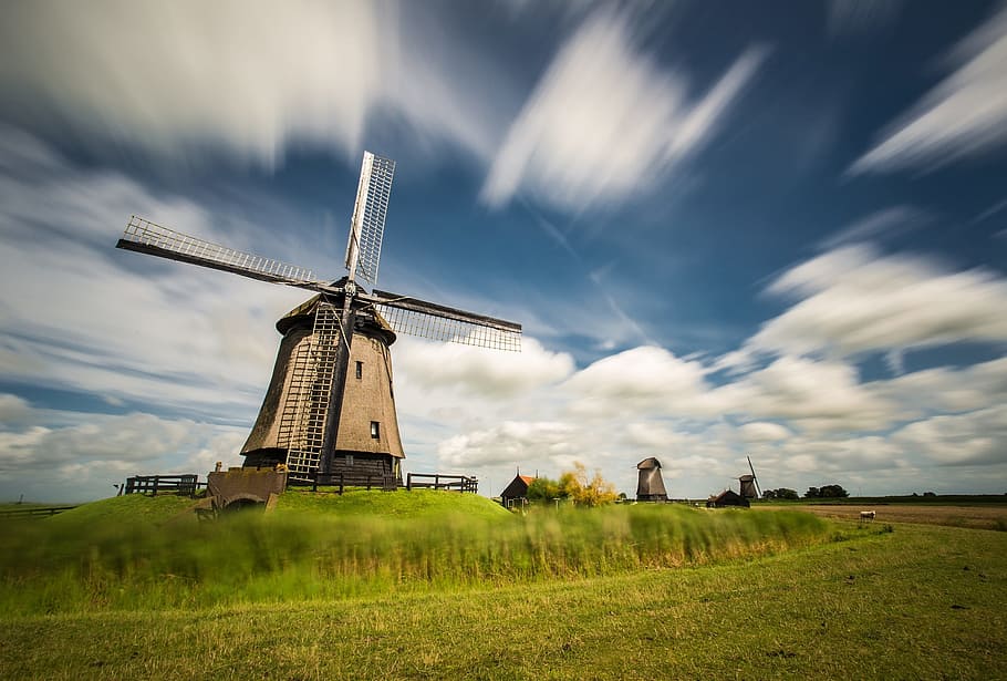 brown windmill under blue sky, windmills, old windmill, monument HD wallpaper