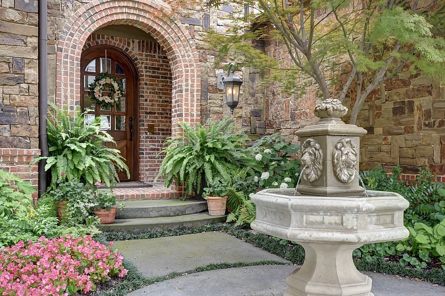 fountain, front, architecture, plant, built structure, nature HD wallpaper
