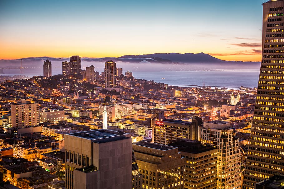 San Francisco Bay Area Beautiful Sunset Evening Cityscape, buildings