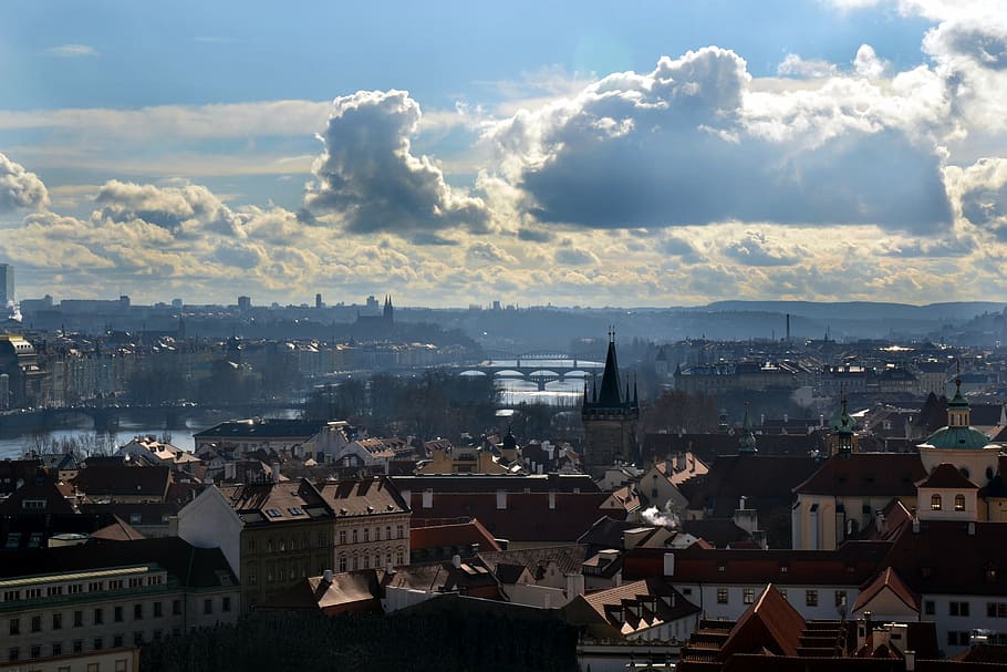 prague, city, clouds, sun, moldova, czech republic, capital HD wallpaper