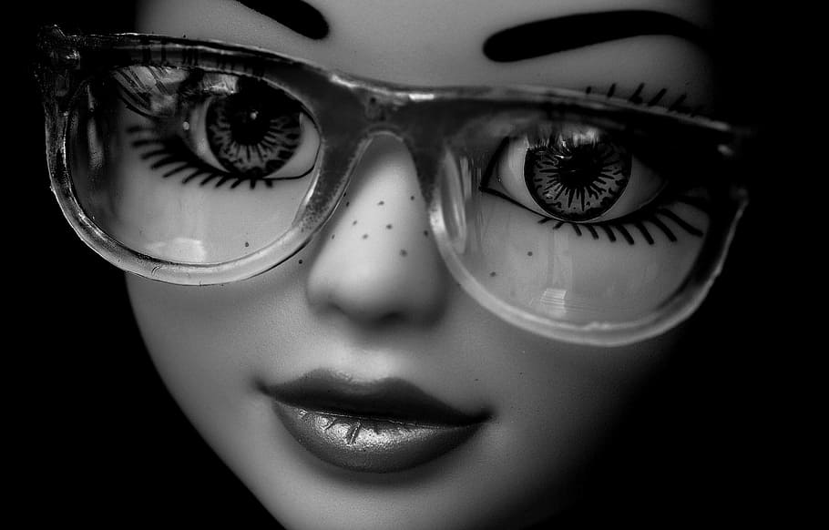 grayscale photo of doll wearing eyeglasses, pretty, face, eyes HD wallpaper