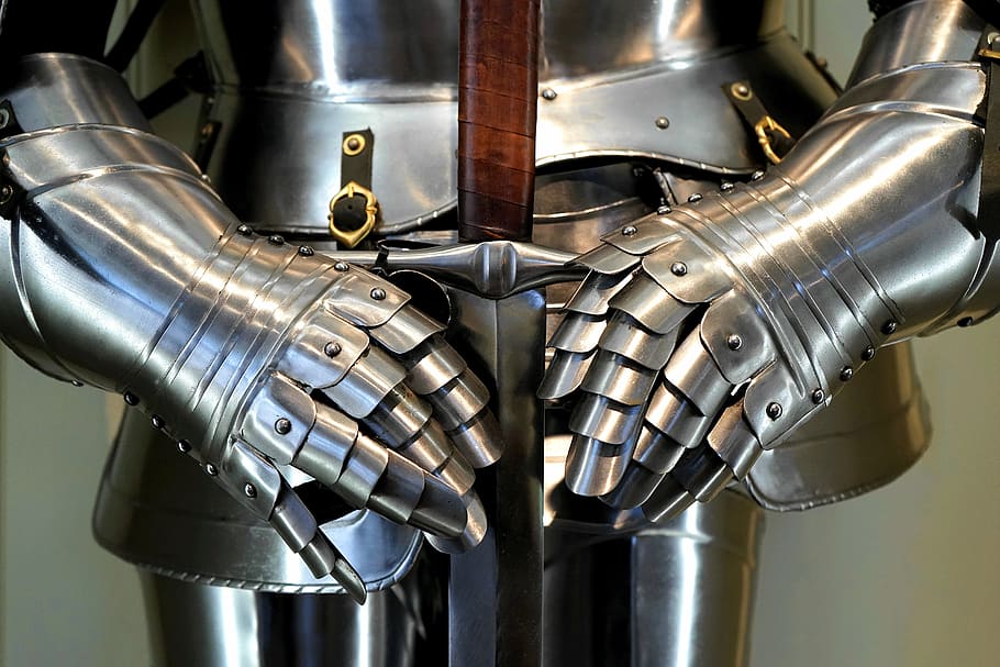 gray steel knight armor, sword, weapon, medieval, military HD wallpaper