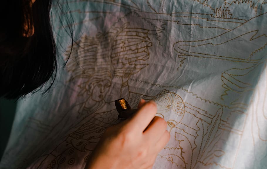 batik drawing, person drawing on cloth, art, pattern, hand, ink HD wallpaper