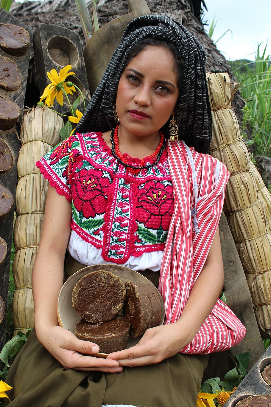 woman wearing red, white, and brown sari dress, bowl, daytime, HD wallpaper
