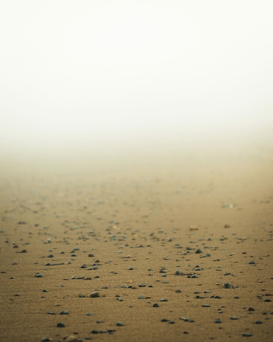 stones on black sand, pebbled and stones on sand during foggy season HD wallpaper