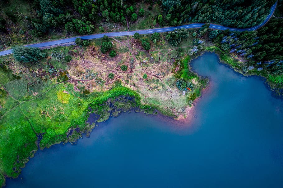 aerial view of lighted city during daytime, aerial photo of body of water and trees HD wallpaper