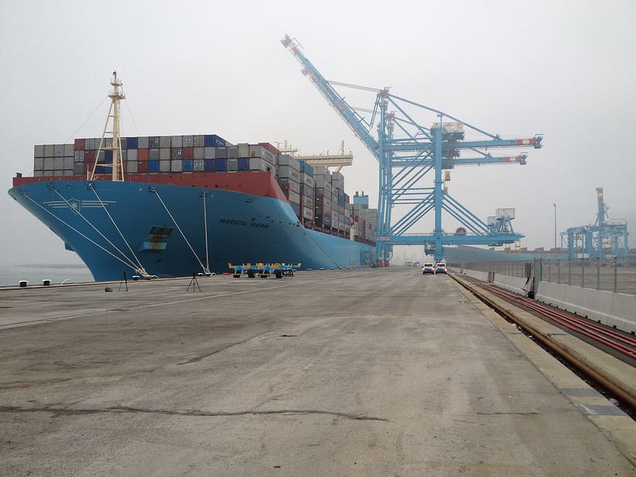 blue container ship docked on shore, mv2, maasvlakte, taps, transportation