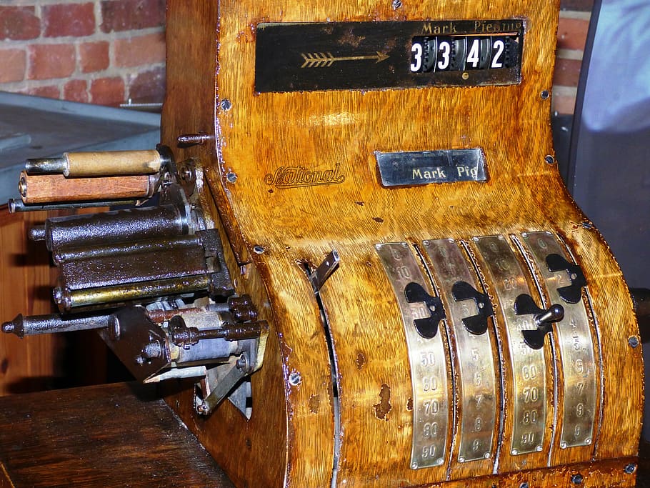 vintage brown wooden cash register, safe, the cashier, amount