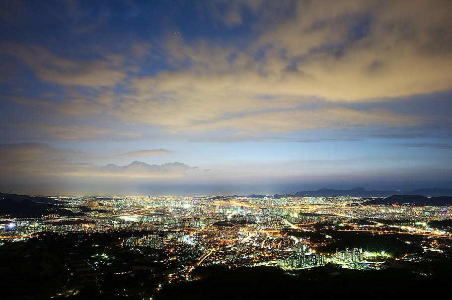 aerial view photography of city, seoul, night view, the night sky