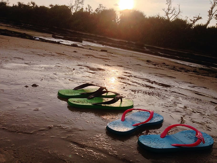 beach, slippers, sunset, nature, land, water, no people, tranquility HD wallpaper