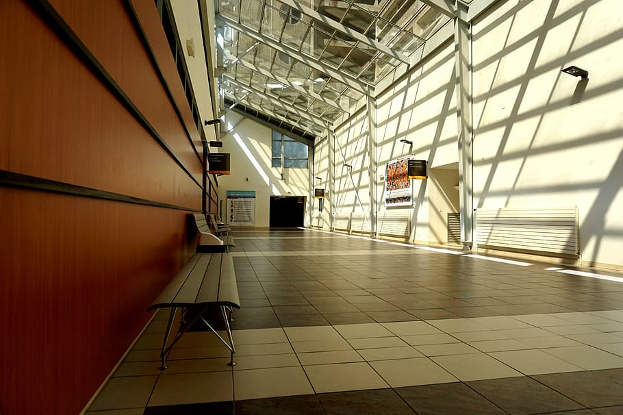 bench on side of wall, corridor, light, building, light and shade HD wallpaper