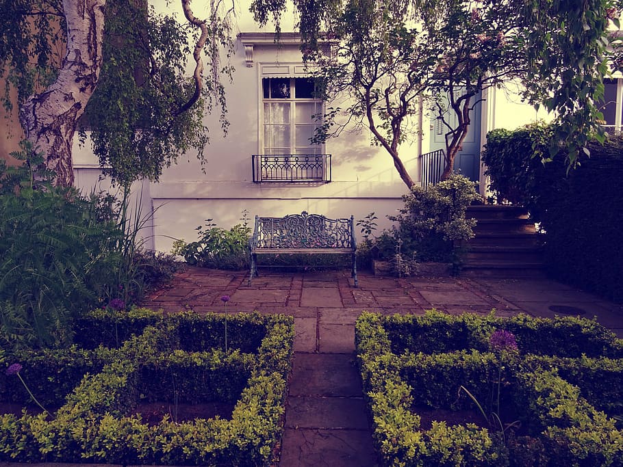 architecture, art, bench, door, facade, garden, house, landscape HD wallpaper