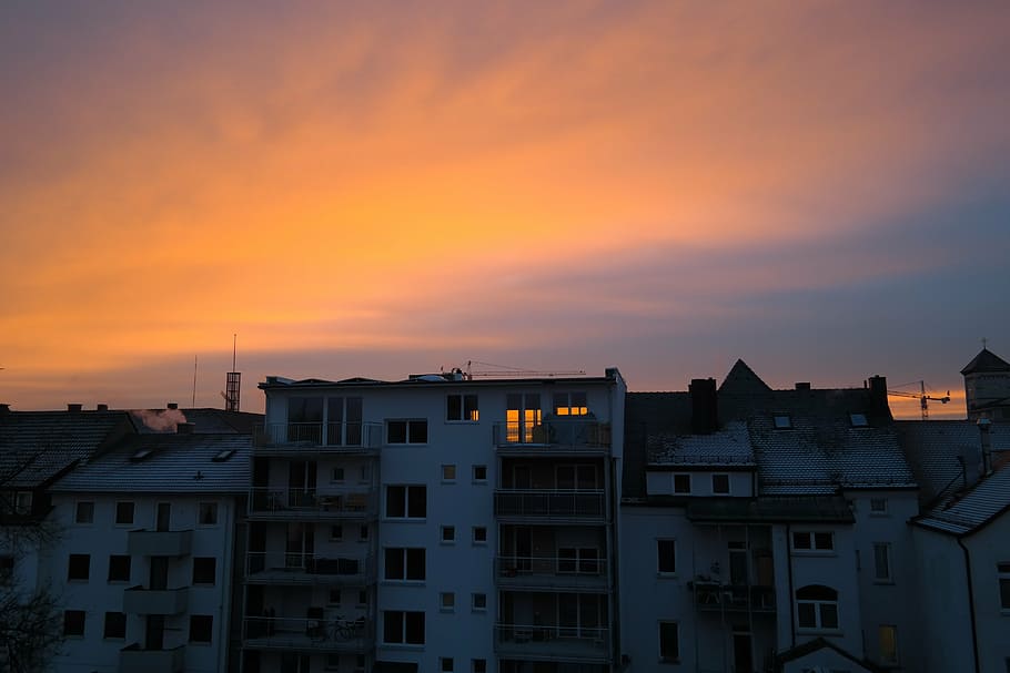 sunset, evening, homes, city, residential development, abendstimmung HD wallpaper