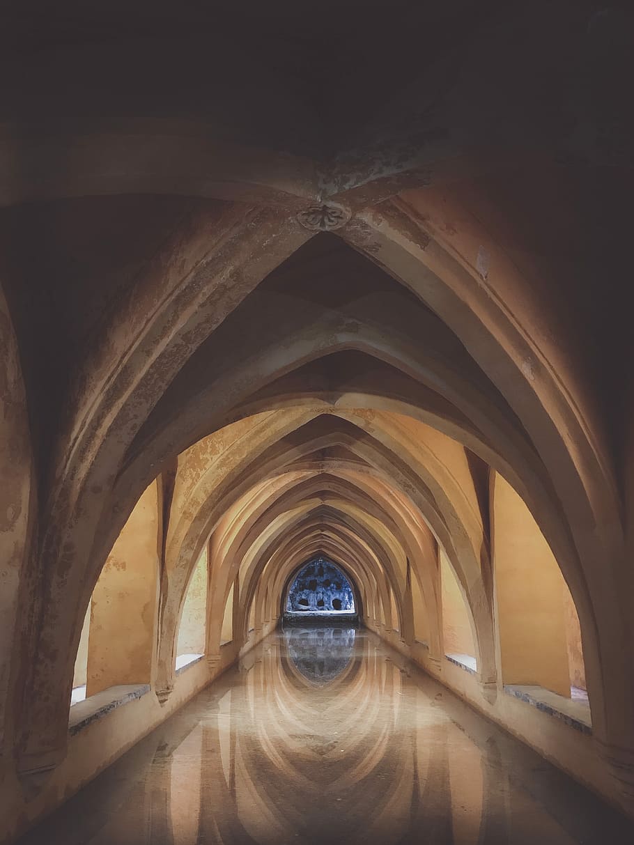 hallway during daytime, brown arc building, architecture, passageway HD wallpaper