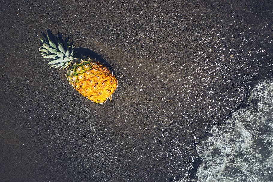 pineapple, fruit, golden, sand, shore, summer, tropical, tropical fruit HD wallpaper