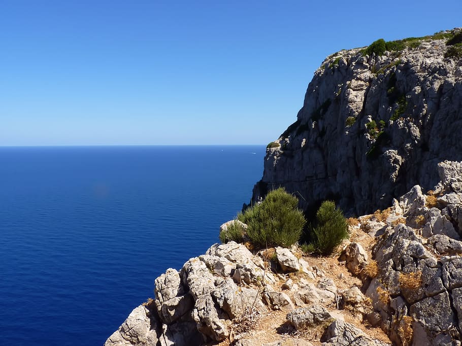 cliffs, mallorca, spain, rock, sea, blue, mediterranean, water HD wallpaper