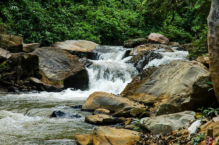 river landscape, flow, water, rock, rock - object, solid, flowing water HD wallpaper