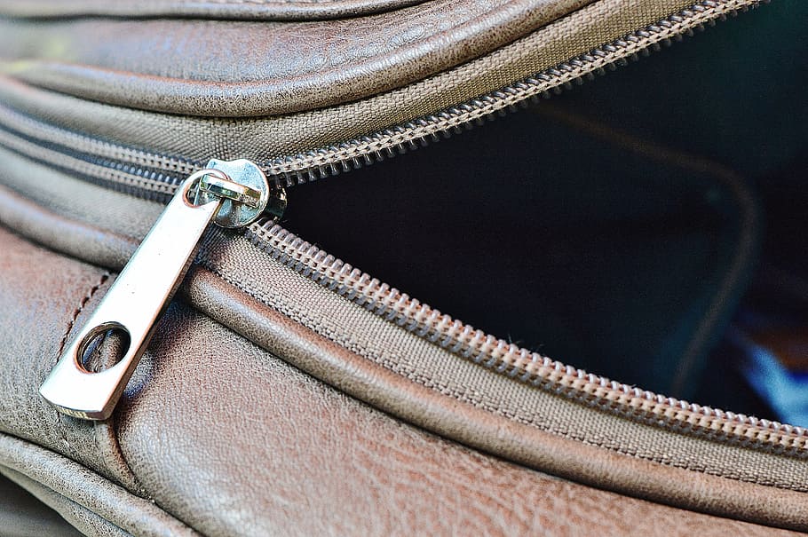 HD wallpaper: close-up photo of half open brown leather bag, zip, grey,  zipper | Wallpaper Flare
