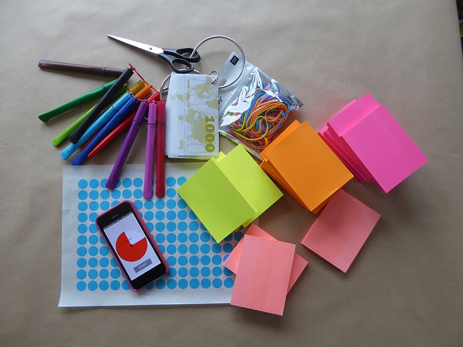 orange and pink paper, coloring, pens, papers, smartphone, scissors HD wallpaper
