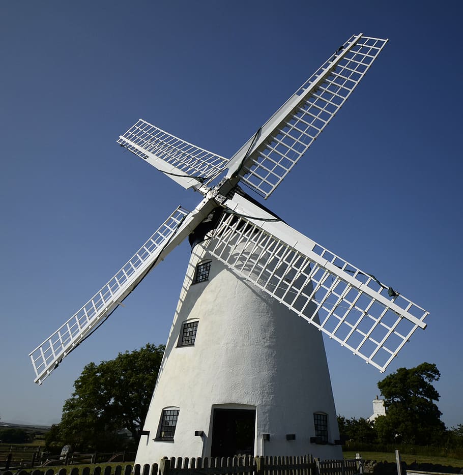 windmill, sky, wales, blue, green, landscape, sunny, renewable energy HD wallpaper