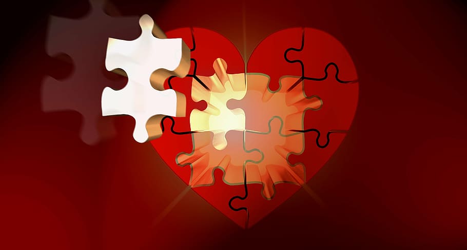 heart red and white puzzle on red surface, light, luck, puzzles HD wallpaper