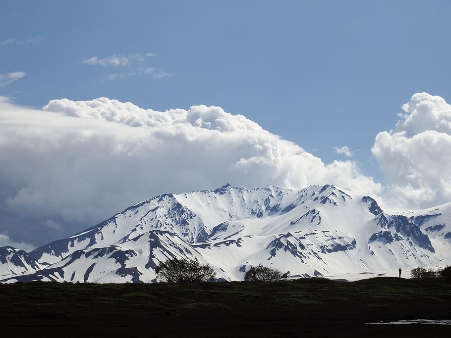 volcano, mountains, clouds, snow, landscape, nature, kamchatka HD wallpaper