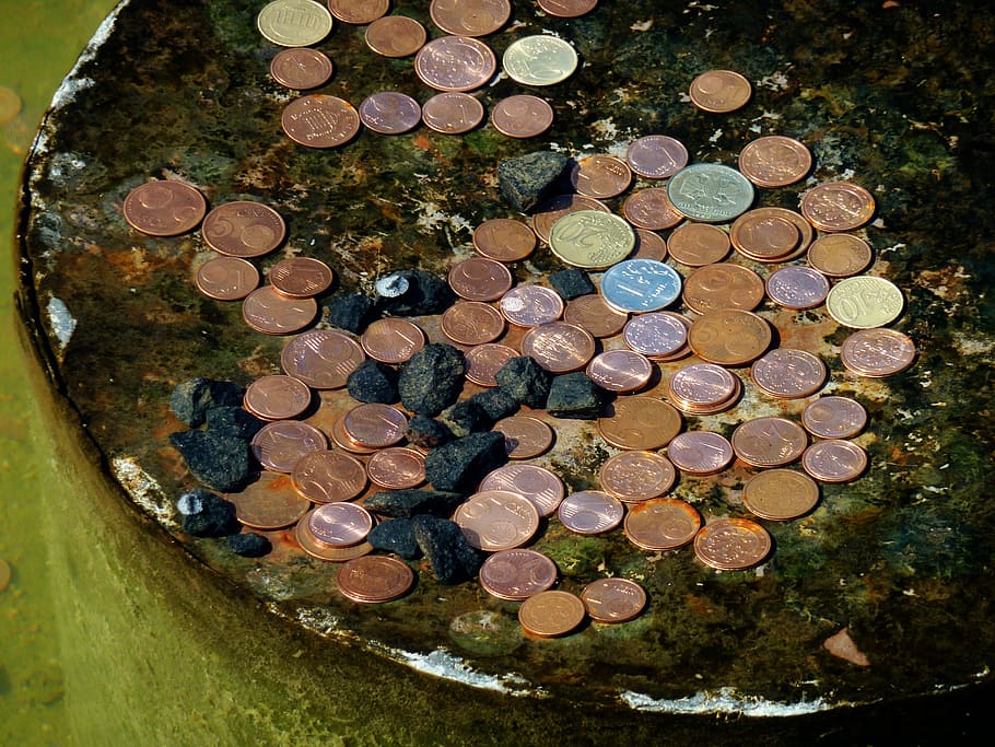 coins, fountain, lucky charm, metal, fountain city, sculpture, HD wallpaper
