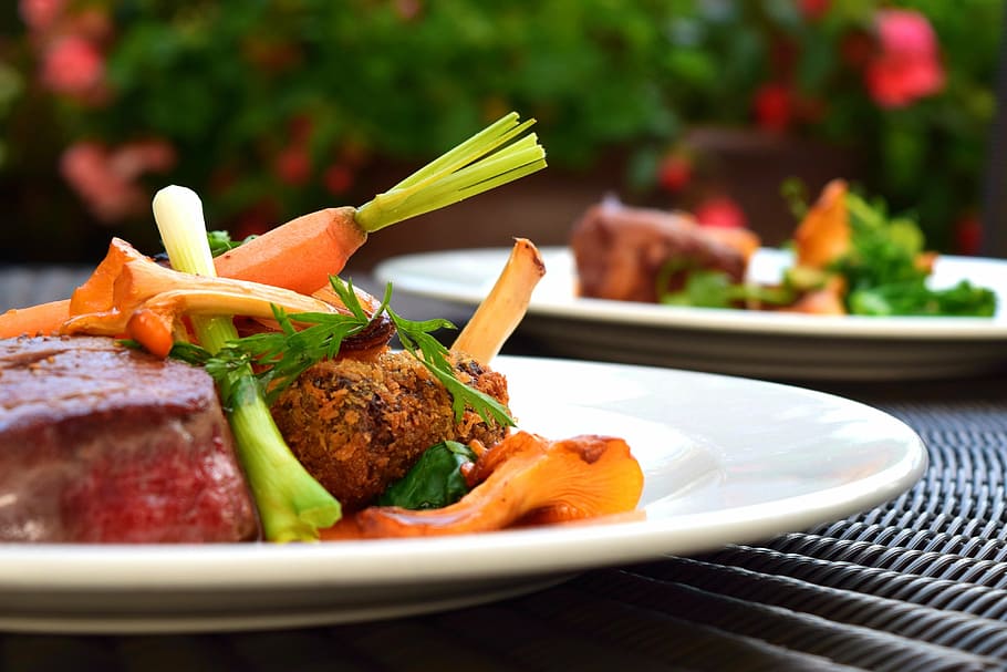 cooked meat with vegetable dish on white ceramic plate, steak HD wallpaper