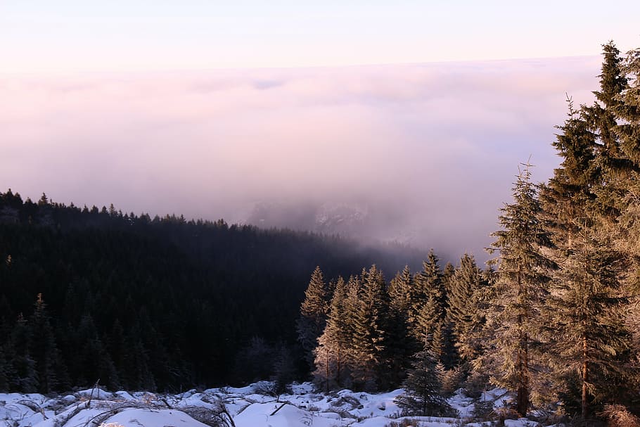 mountains, clouds, nature, landscape, sky, winter, sun, panorama HD wallpaper